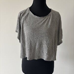 Free People Cropped Tee Linen Blend Gray Distressed Fabric SZ Small Grunge Boho
